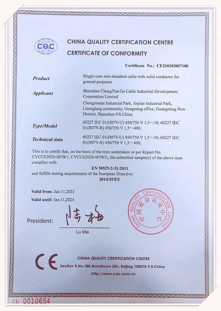 중국 Shenzhen Chengtiantai Cable Industry Development Co.,Ltd 인증